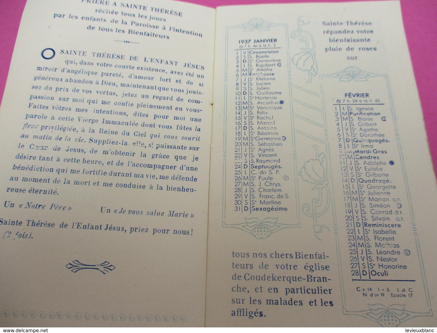 Religion/ Petit Calendrier De Poche/Sainte Thérése De L'Enfant Jésus/Coudekerque Branche/Nord/Vantorre/1937      CAL404 - Small : 1921-40