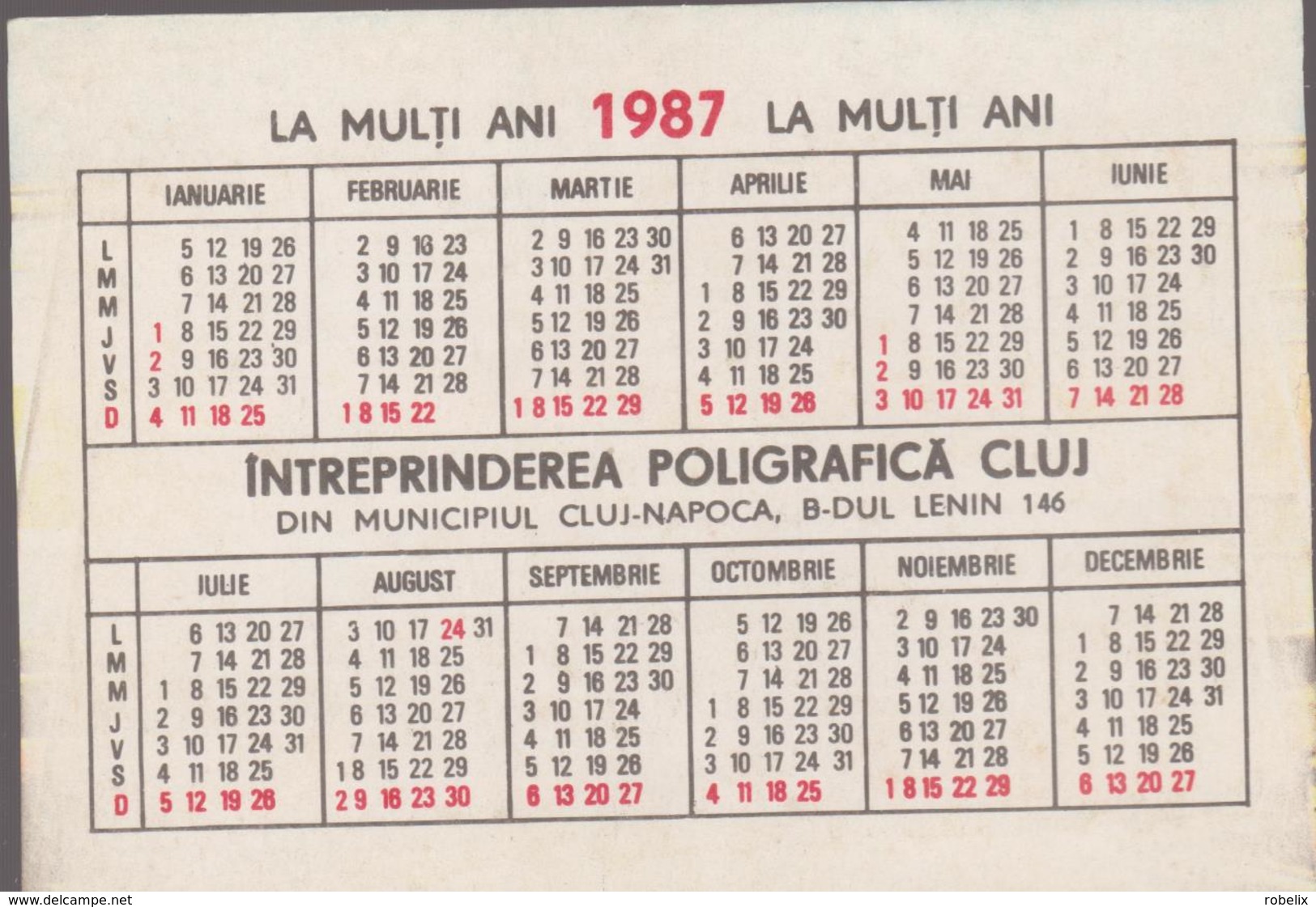 CALENDARS - ROMANIA 1987   -View From CLUJ- The Polygraphic Enterprisee-  (7 X 10 Cm) -2 Scans - Tamaño Pequeño : 1981-90