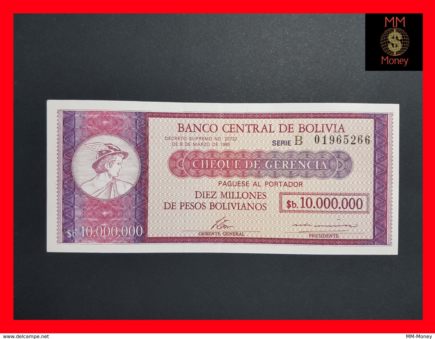 BOLIVIA 10.000.000 10000000 Pesos Bolivianos D. 1985 P. 192 B  AU - Bolivia