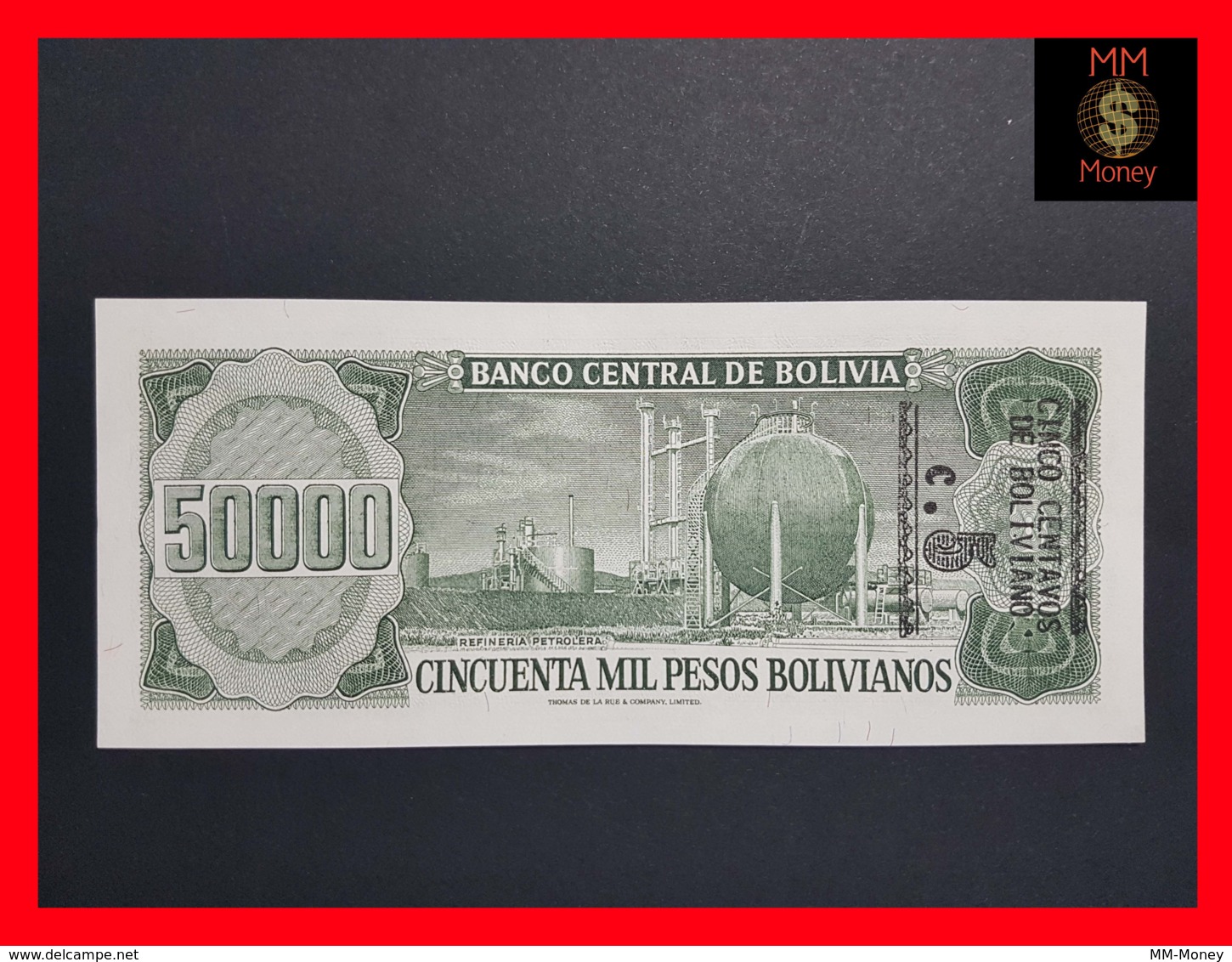 BOLIVIA 5 Centavos Boliviano / 50.000 Pesos Bolivianos 1987 Overprint  P. 196  UNC - Bolivia