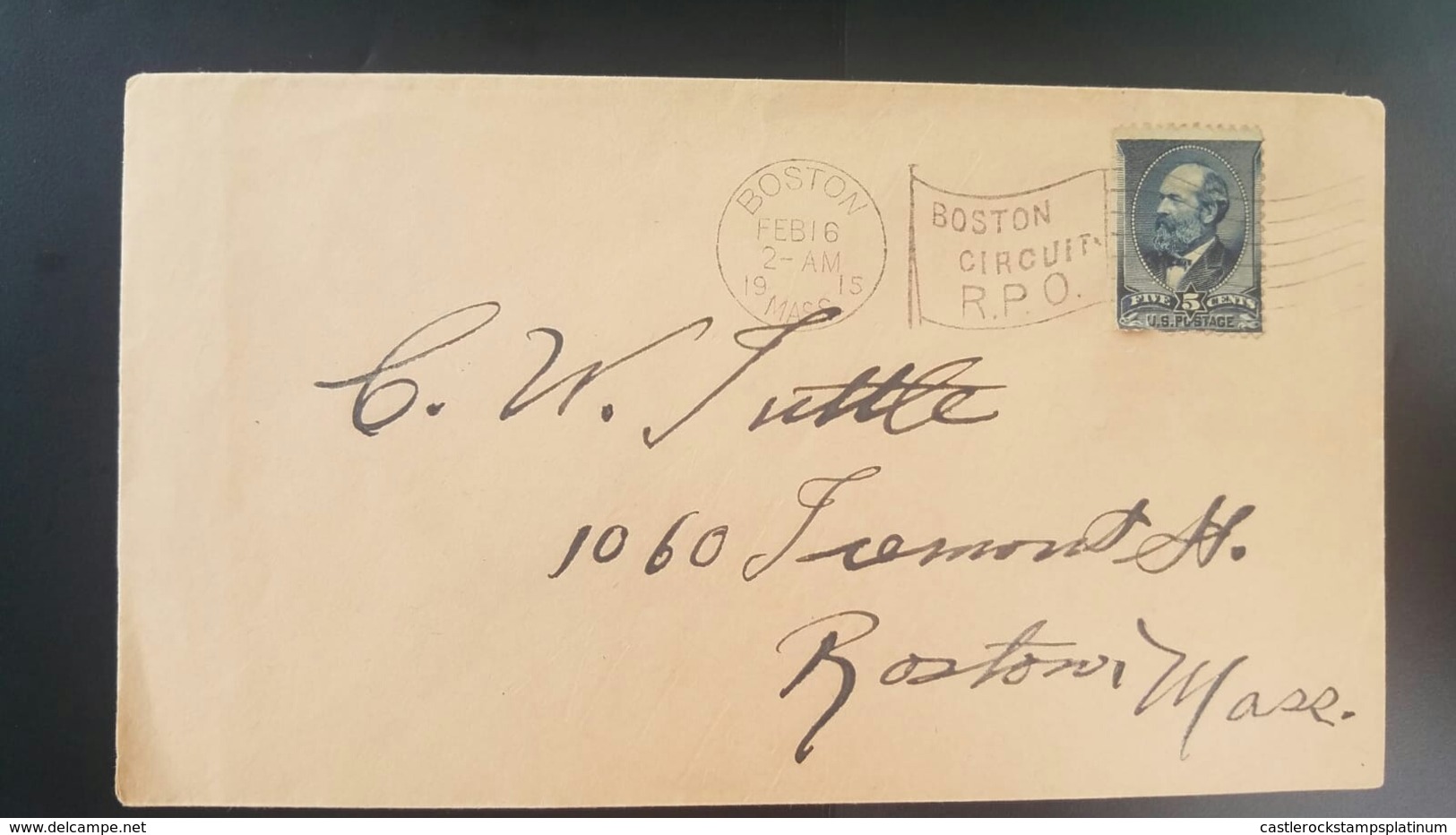 O) 1882 UNITED STATES - USA, JAMES A. GARFIELD SCOTT 205 5c, BOSTON CIRCUIT R.P.O. MASS, XF - Covers & Documents