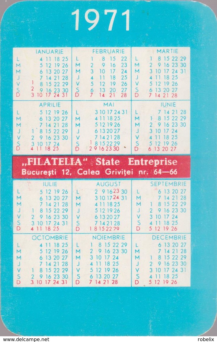 CALENDARS - ROMANIA 1971  Filatelia- Stamps Issue - Painting  ( 6.5x 9.5 Cm) -2 Scans - Petit Format : 1971-80
