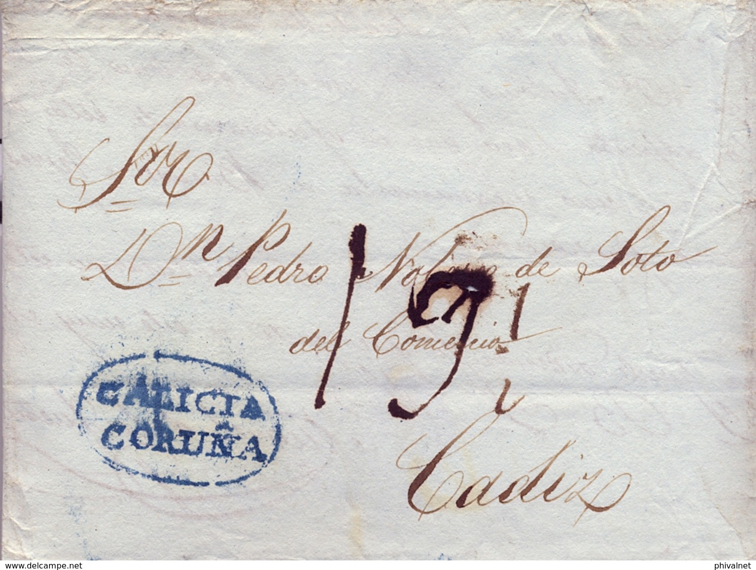 PREFILATELIA , 1835  , CARTA COMPLETA  , CORUÑA - CADIZ   , T. 9 - ...-1850 Prefilatelia