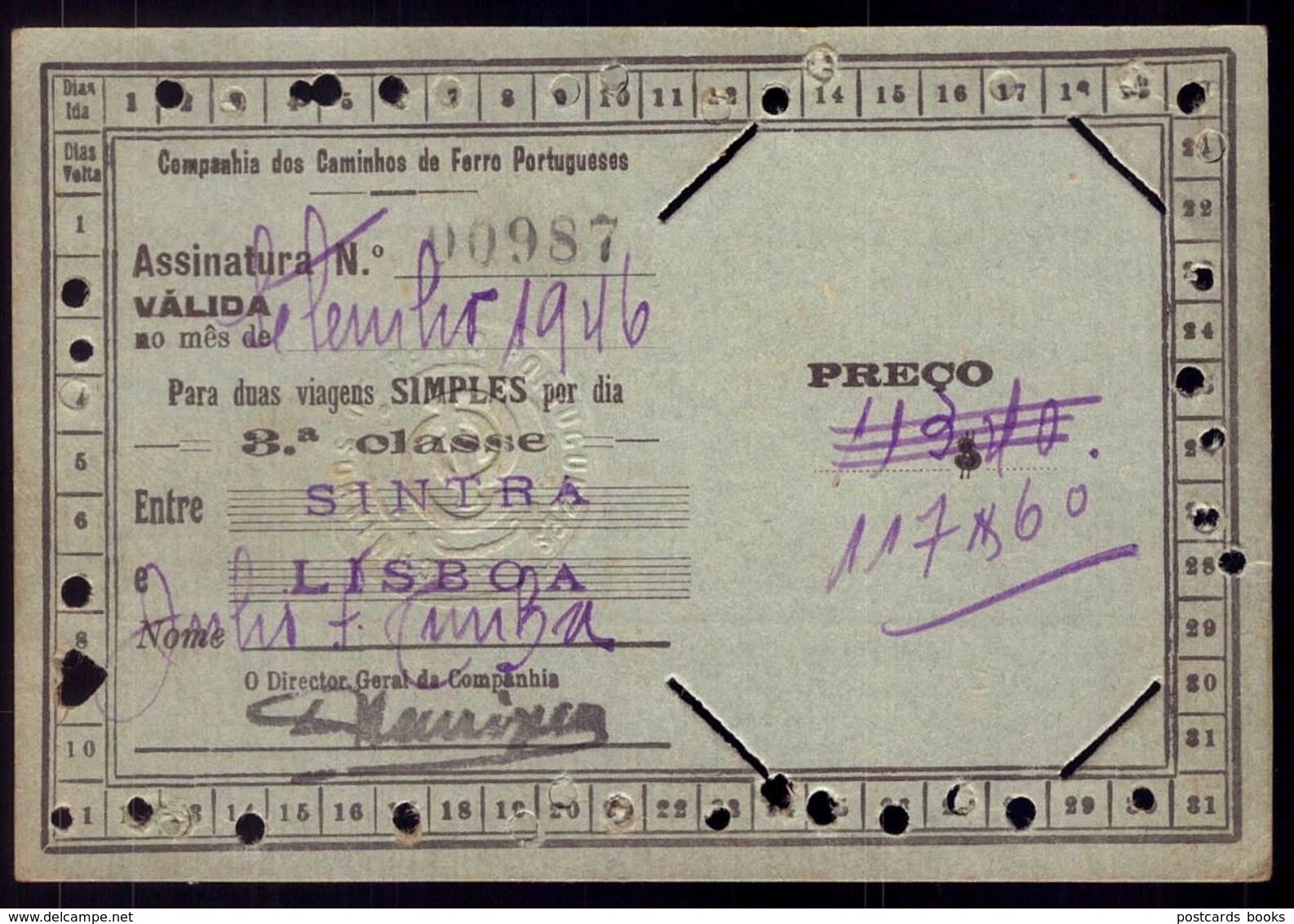 1946 PASSE / ASSINATURA Companhia Dos Caminhos De Ferro Portugueses SINTRA LISBOA. Pass Ticket TRAIN Portugal - Europe