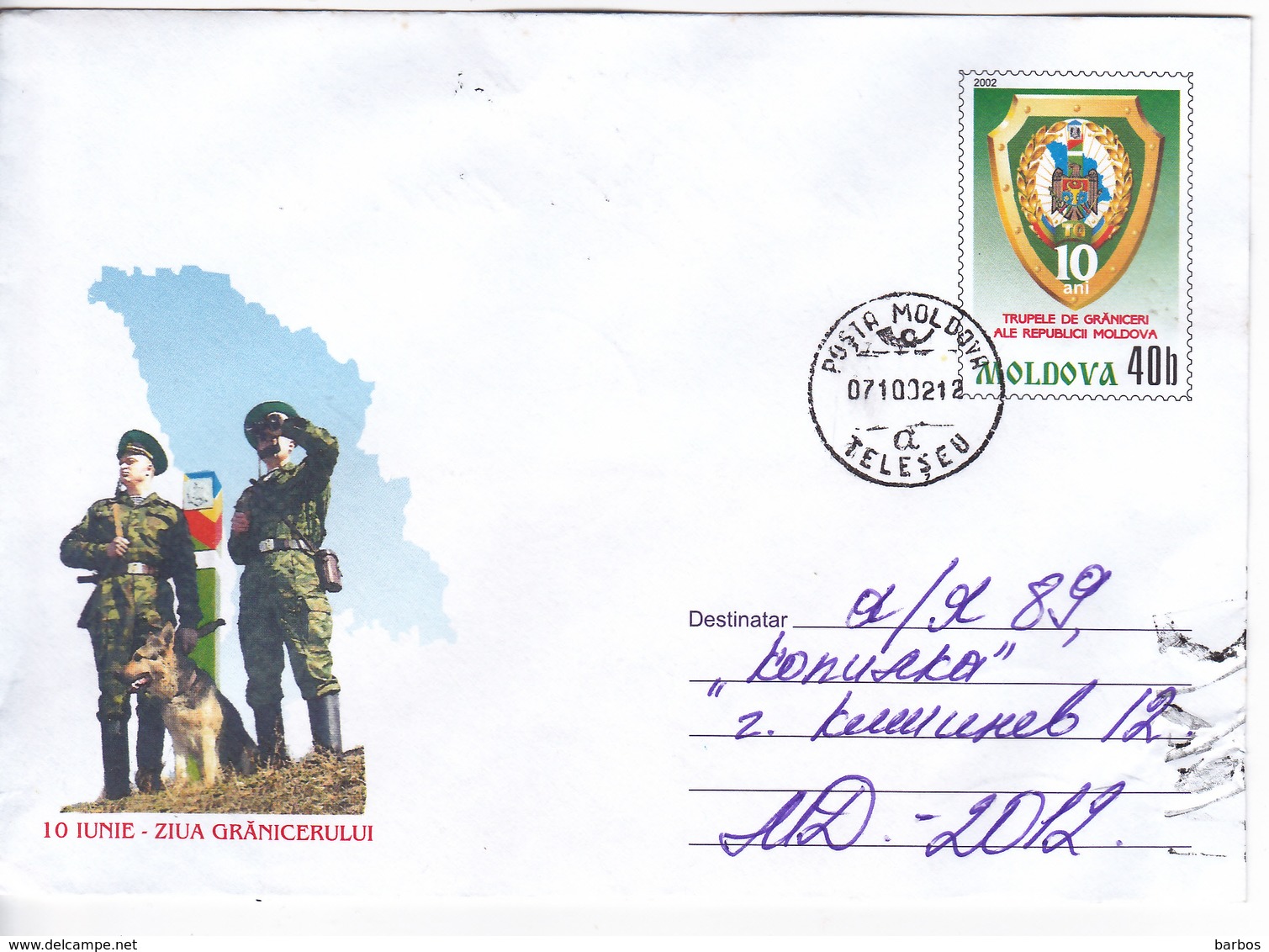 2002 , MOLDOVA  MOLDAVIE , Pre-paid Envelope , 10 Years - The Border Guards Rep.Moldova , Ganzache , Used - Moldova