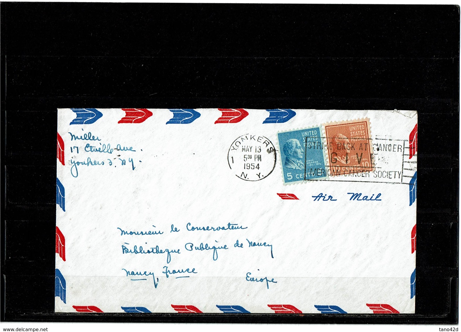 LBR40B - USA LETTRE AVION YONKERS / NANCY 13/5/1954 - Lettres & Documents