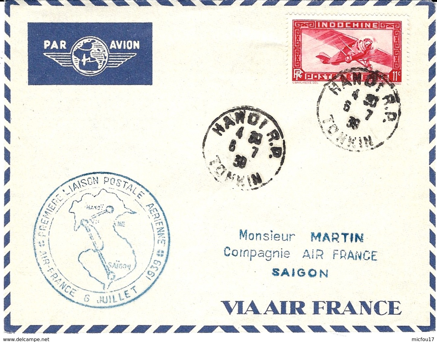6-7-39 - AIR FRANCE - Enveloppe D'HANOI Pour Saïgon - 1ère Liaison Postale Aérienne - Luchtpost