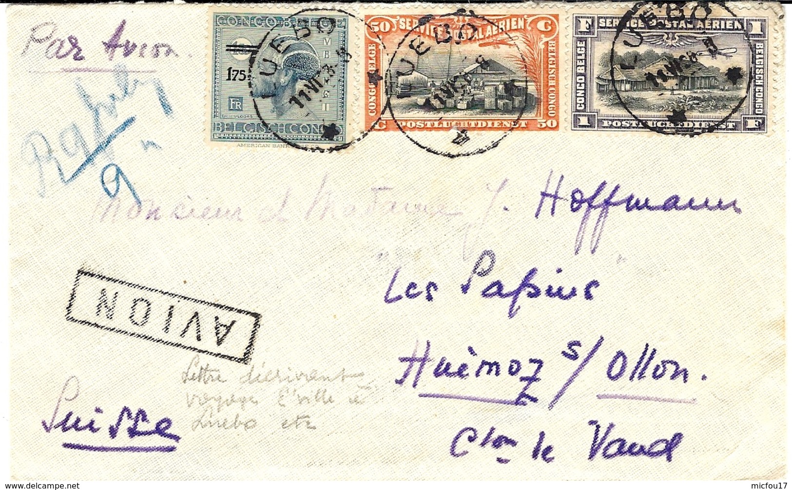 1928- Enveloppe Par Avion De LUEBO Pour Genève ( Suisse ) Affr.  à 3,25 F  -courrier à L'intérieur - Covers & Documents