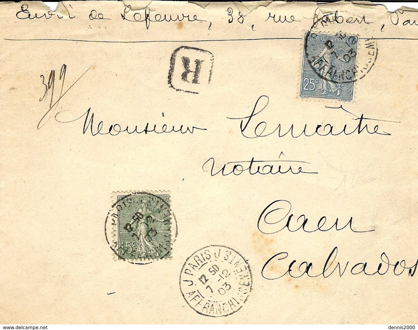 1903- Enveloppe RECC. Affr. N°130 Et 132 Oblit. Cad  J  PARIS  J  AFFRANCHISSEMENTS - 1877-1920: Semi Modern Period