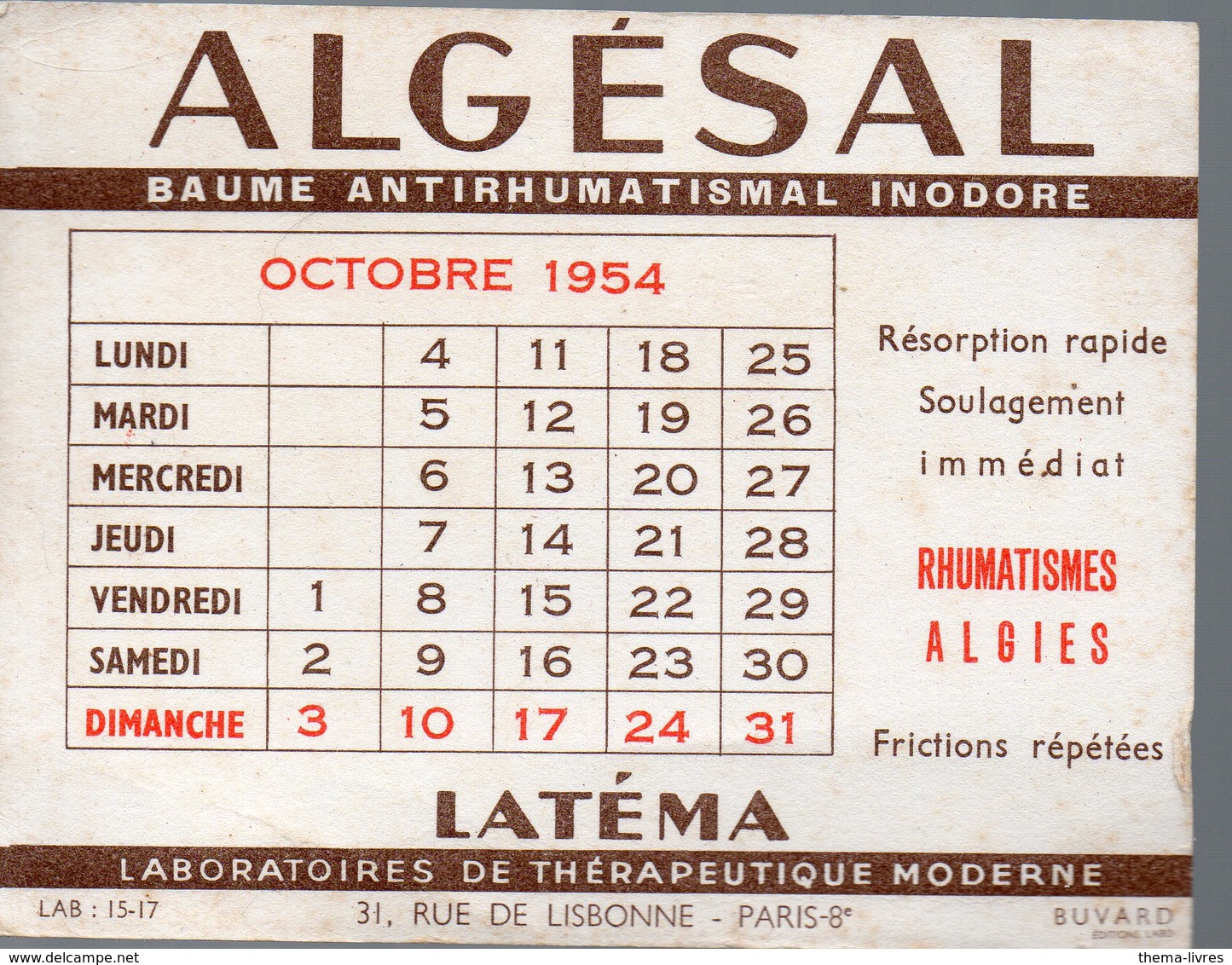 Paris Rue De Lisbonne : Buvard ALGESAL Octobre 1954 (PPP14929) - Chemist's