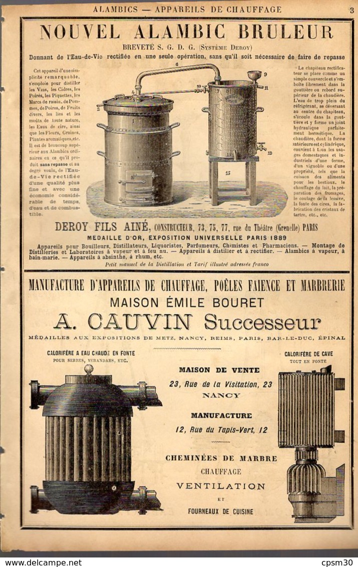PUB 1891 - Alambic Deroy à Paris; Cauvin à Nancy; Lustres Appareils à Gaz Bardot à Lyon - Publicités