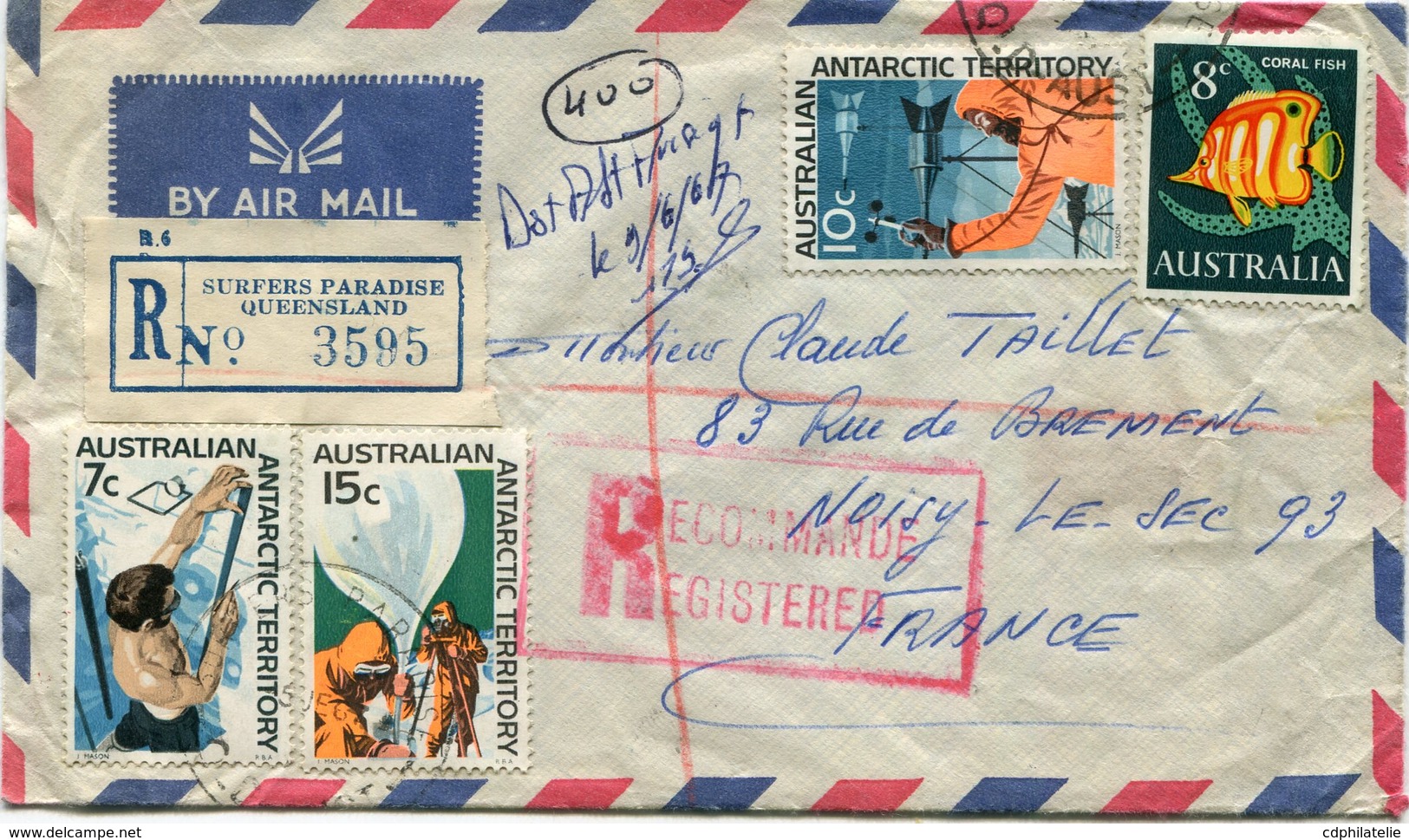 TERRITOIRE ANTARCTIQUE AUSTRALIEN  LETTRE RECOMMANDEE PAR AVION DEPART SURFERS PARADISE 5 JE 67 POUR LA FRANCE - Covers & Documents