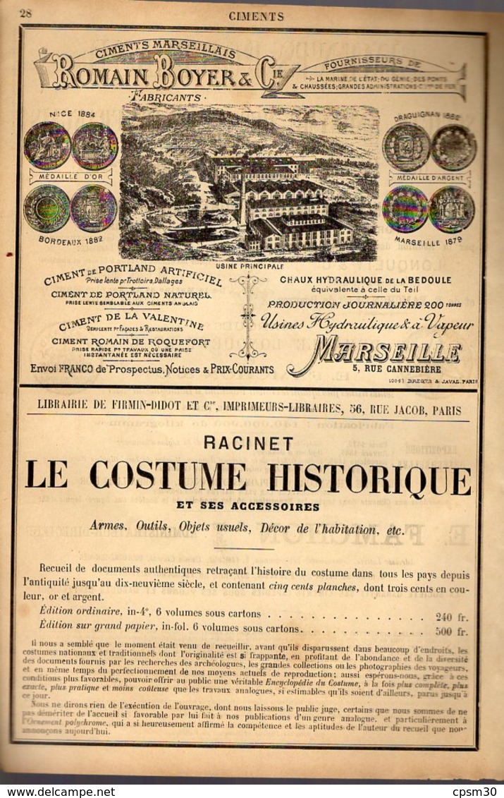 PUB 1891 - Ciment Portland Boulogne Sur Mer 62; R. Boyer Rue Cannebière Marseille 13; Bibliotèque "Le Costume" - Publicités