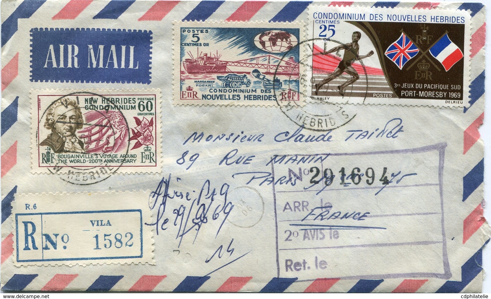 NOUVELLES HEBRIDES LETTRE RECOMMANDEE PAR AVION DEPART VILA 26-9-69 NEW HEBRIDES POUR LA FRANCE - Storia Postale