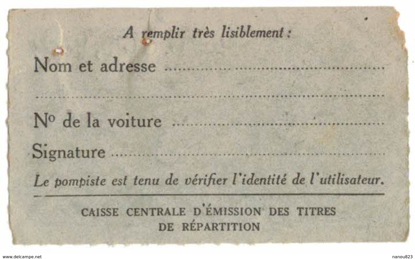 RATIONNEMENT RAVITAILLEMENT BON TICKET Filigrané Pour Ration De Base De 10 Litres De Carburant Voitures Légères - Historische Documenten