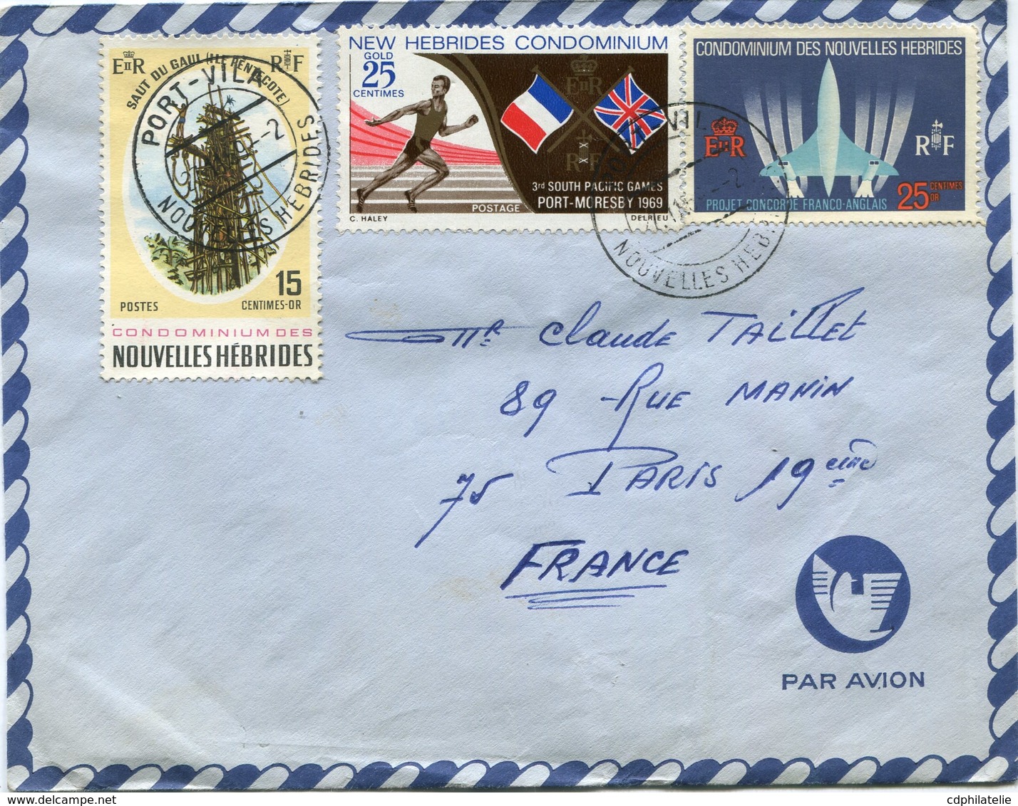 NOUVELLES HEBRIDES LETTRE PAR AVION DEPART PORT-VILA 27-11-69 NOUVELLES HEBRIDES POUR LA FRANCE - Cartas & Documentos