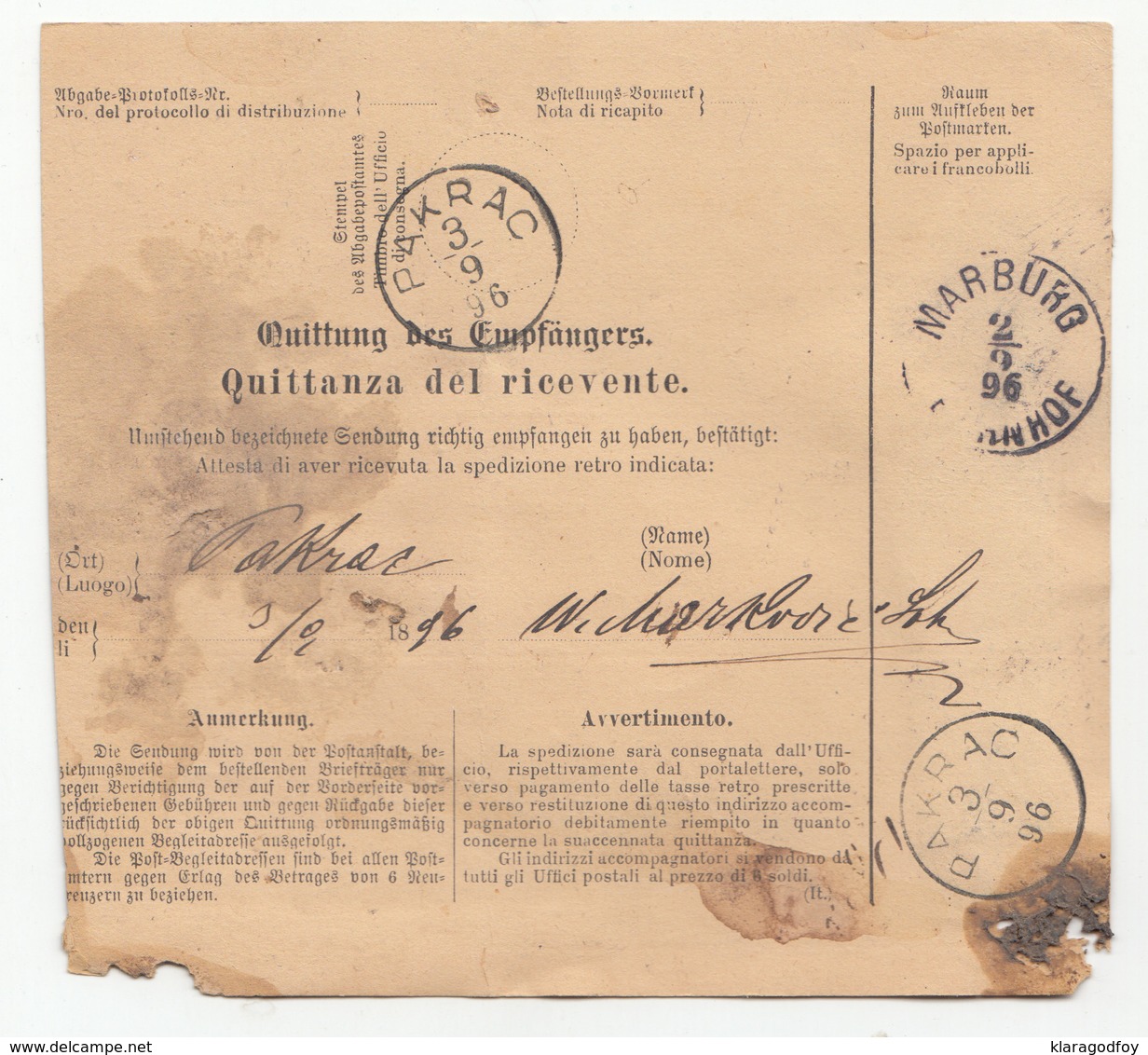 Post-Begleitadresse Italian Indirizzo Postale Accompagnatorio Stationery 1896 Imst To Pakrac B180910 - Briefe U. Dokumente