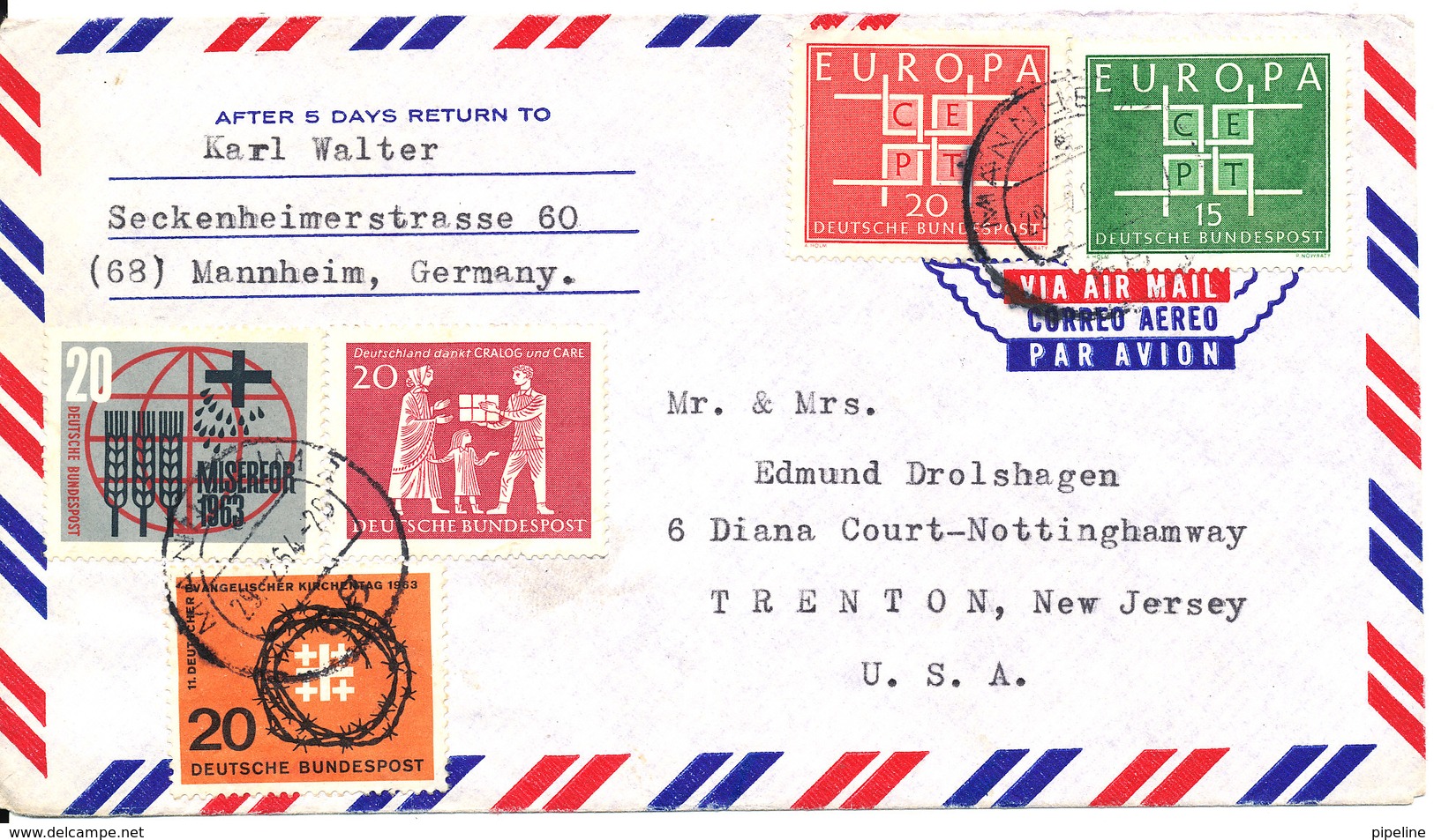 Germany Air Mail Cover Sent To USA Mannheim 29-2-1964 With Topic Stamps Including EUROPA CEPT  (1 Stamp Is Damaged) - Covers & Documents