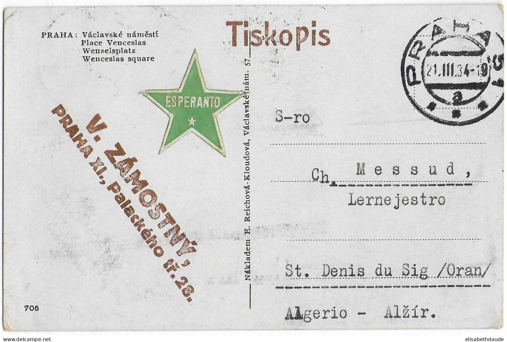 TCHECOSLOVAQUIE - 1934 - VIGNETTE ESPERANTO Sur CARTE De PRAGUE => ST DENIS DU SIG (ALGERIE) - Covers & Documents