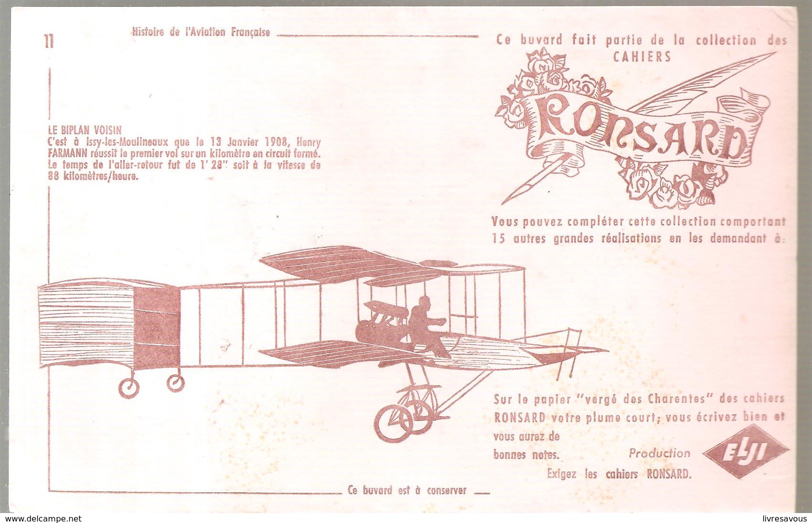 Buvard Aviation Française Collection Des Cahiers Ronsard N°11 Le Biplan Voisin - Transporte