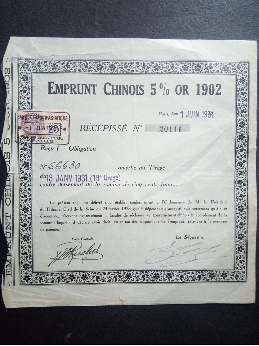 Lot 10    Emprunts   Chinois 5% OR, 1902 - Andere & Zonder Classificatie