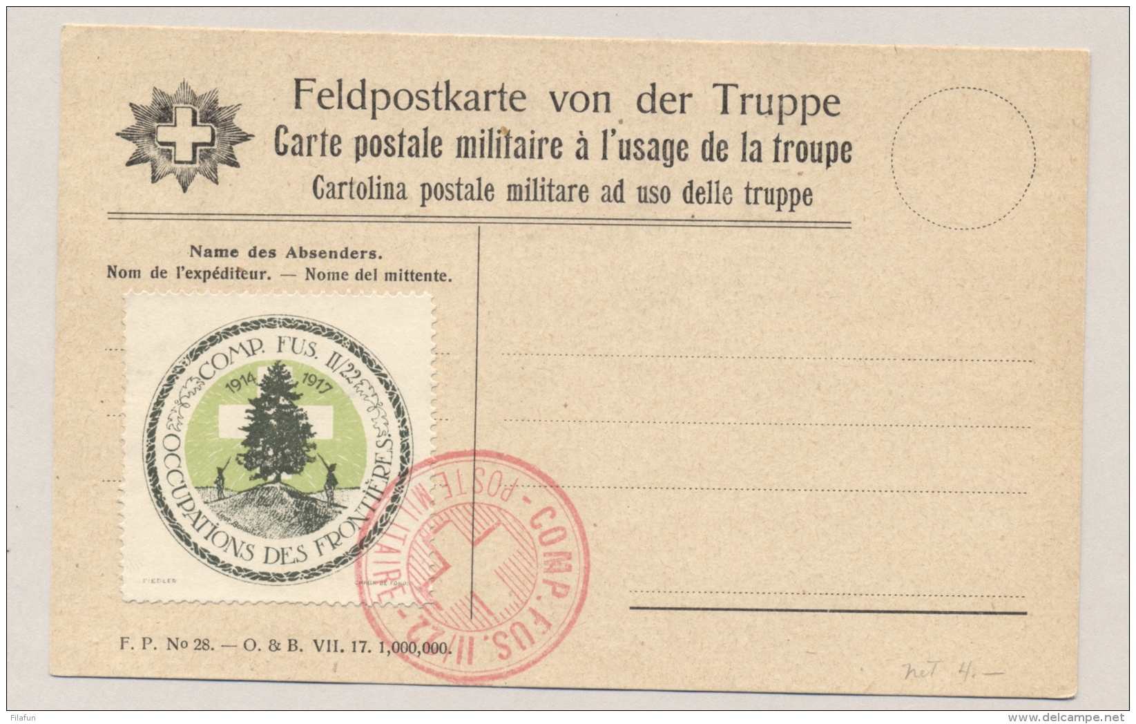 Schweiz - Feldpostkarte With Sticker And Cancel COMP FUS II/22 - Not Sent - Documenten
