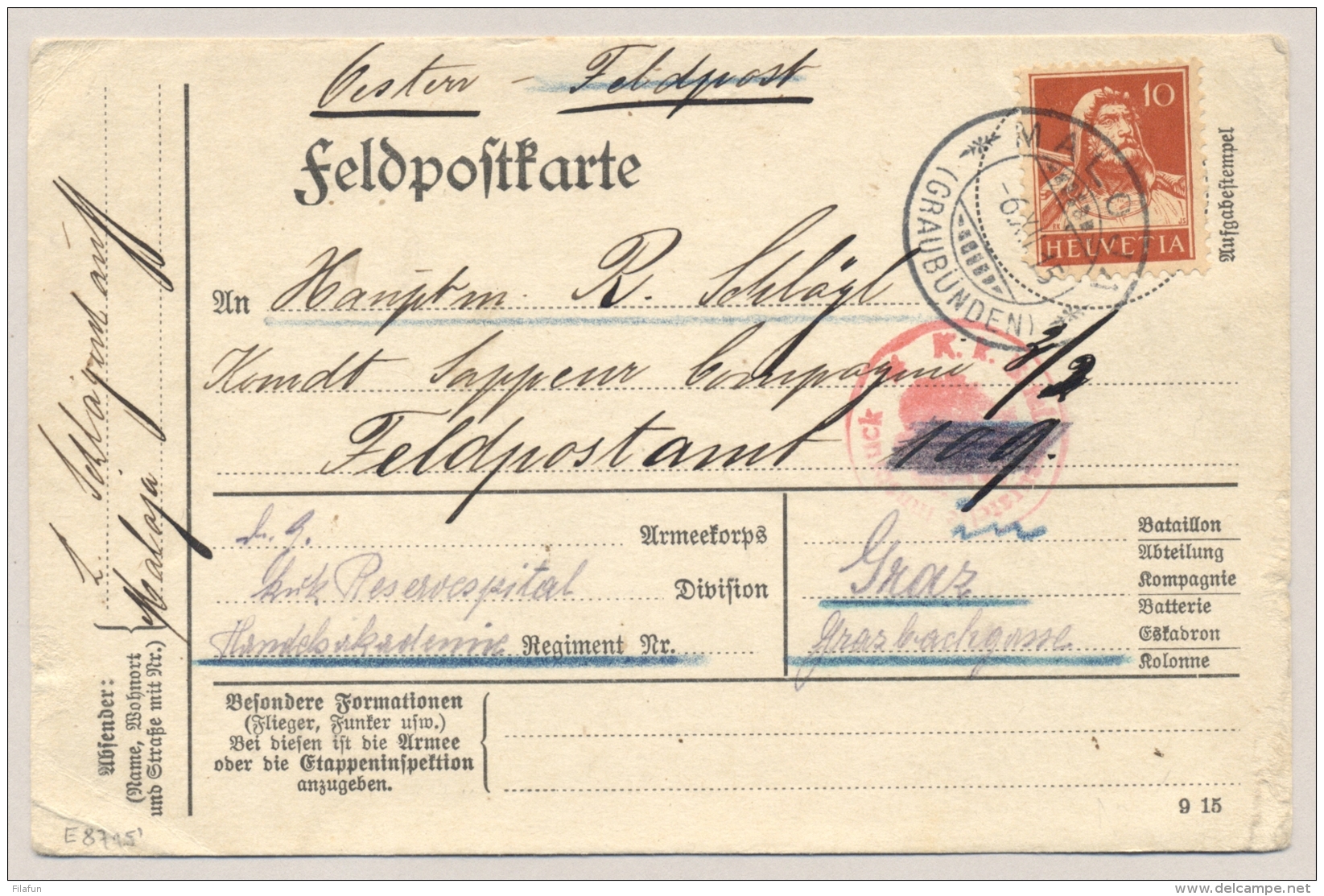 Schweiz - 1915 - Innsbruck Censored Feldpostkarte From MALOJA To Feldpostamt 109 Graz - Documenten