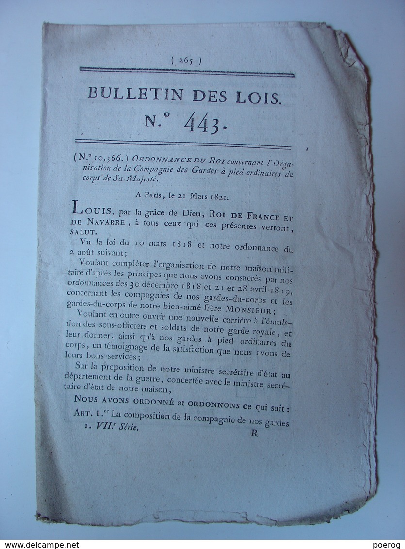 BULLETIN DES LOIS Du 17 AVRIL 1821 - GARDES DU CORPS A PIED DE SA MAJESTE - APPEL & REPARTITION DES SOLDATS CLASSE 1820 - Decrees & Laws