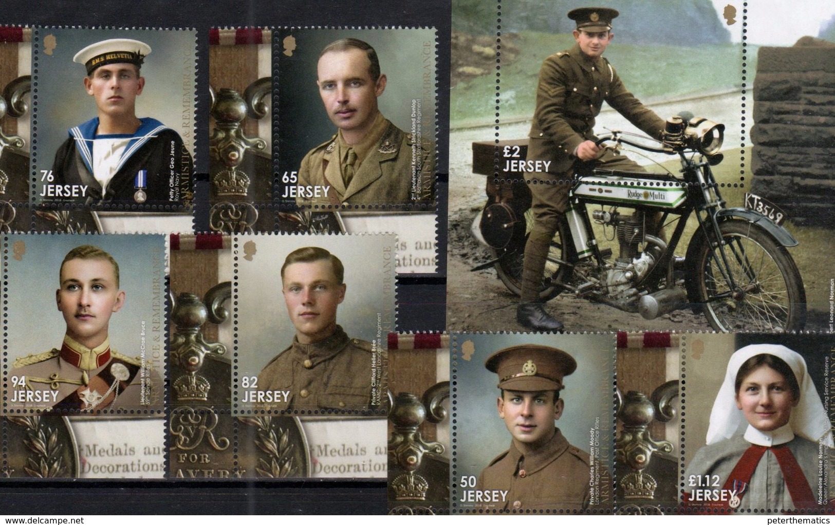JERSEY, 2018, MNH, WWI, THE GREAT WAR, PARTV, SOLDIERS, NURESES, MOTORBIKES, SAILORS, 6v+S/SHEET - WW1