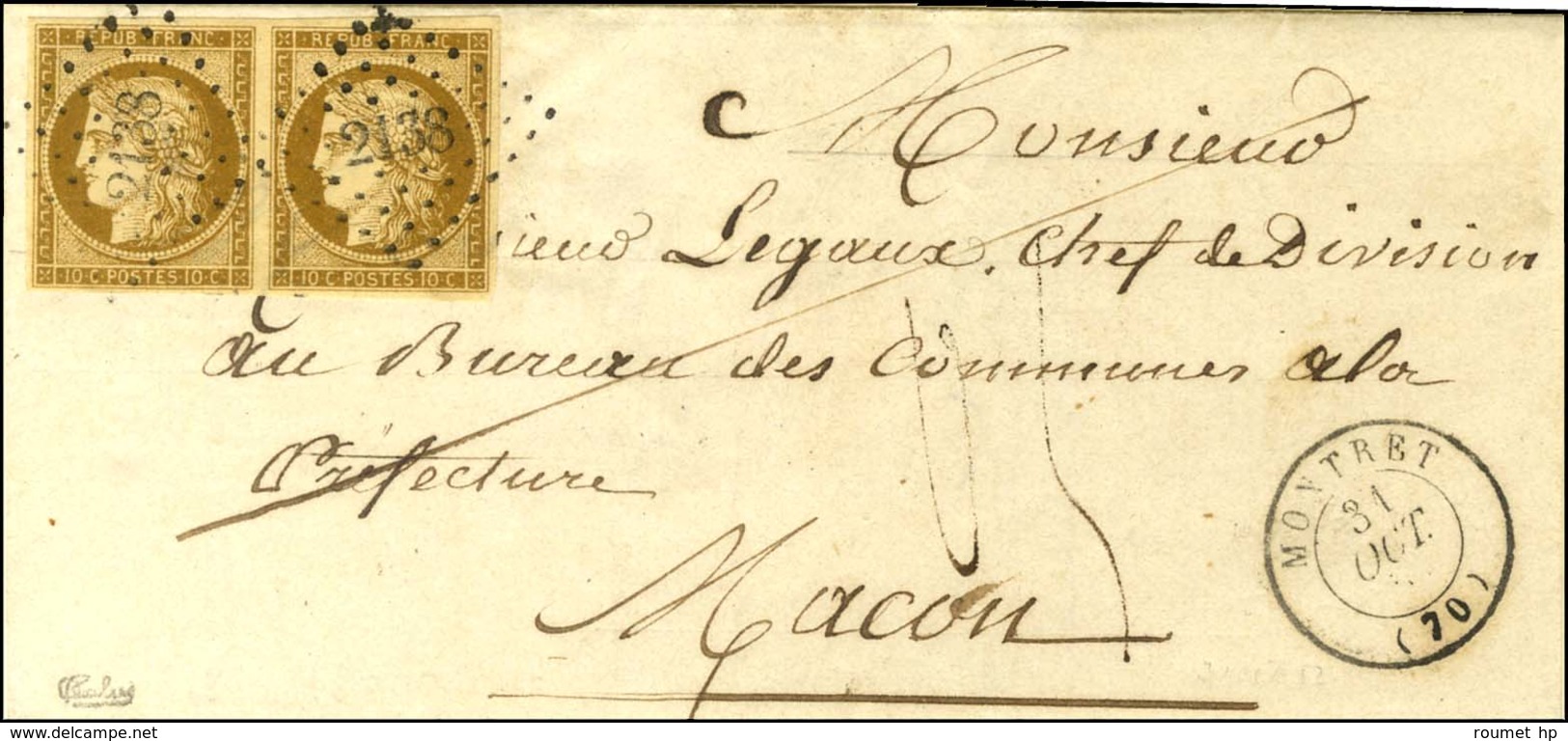 PC 2138 / N° 1 Paire Bistre Brun Belles Marges Càd T 15 MONTRET (70) 31 OCT. 52 Sur Lettre Insuffisamment Affranchie Pou - 1849-1850 Ceres