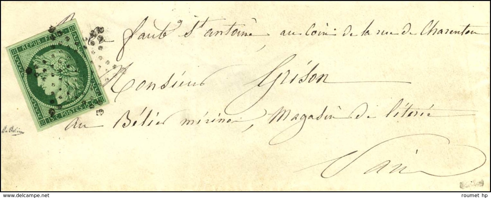 Etoile / N° 2 Vert Foncé Belles Marges Sur Lettre De Paris Pour Paris. Au Verso, Càd D'arrivée 10 OCT. 52. - SUP. - R. - 1849-1850 Cérès