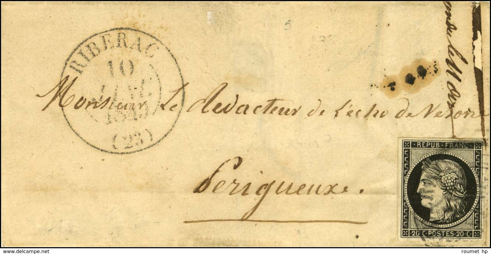 Càd T 13 RIBERAC (23) 10 JANV. 1849 / N° 3 Infime Froissure Sur Lettre Pour Périgueux. - TB. - R. - 1849-1850 Ceres