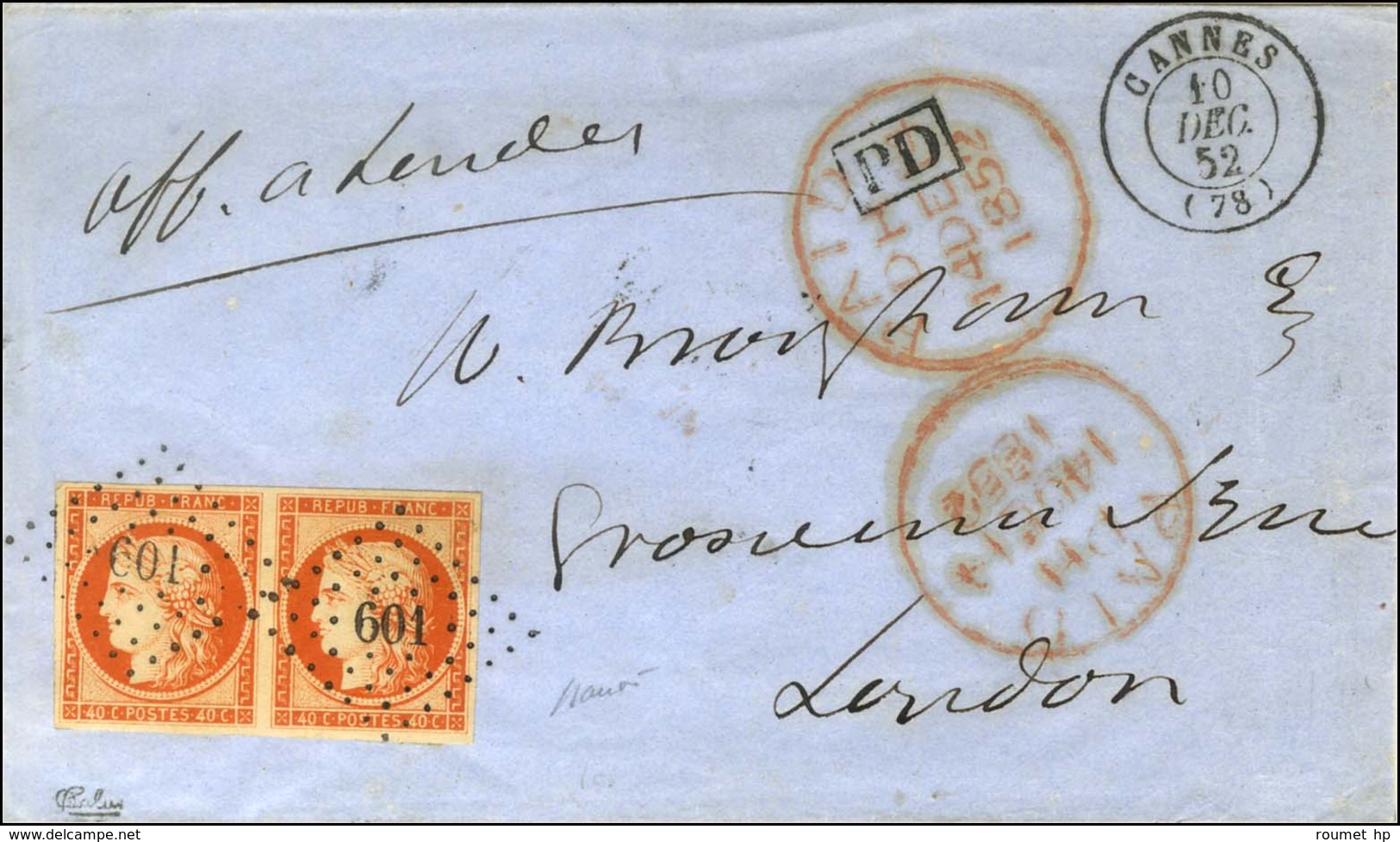 PC 601 / N° 5 Paire Orange Vif Càd T 15 CANNES (78) 10 DEC. 52 Sur Lettre Pour Londres. Au Recto, Càd D'arrivée. - SUP.  - 1849-1850 Cérès