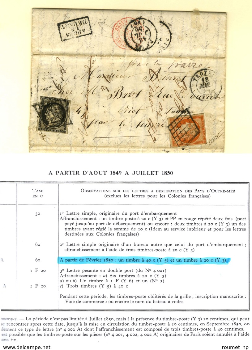 Grille / N° 3 (def) + 5 Càd T 15 TROYES (9) 18 JUIL. 50 Sur Lettre Avec Texte Adressée Au Tarif Des Bâtiments De Commerc - 1849-1850 Ceres