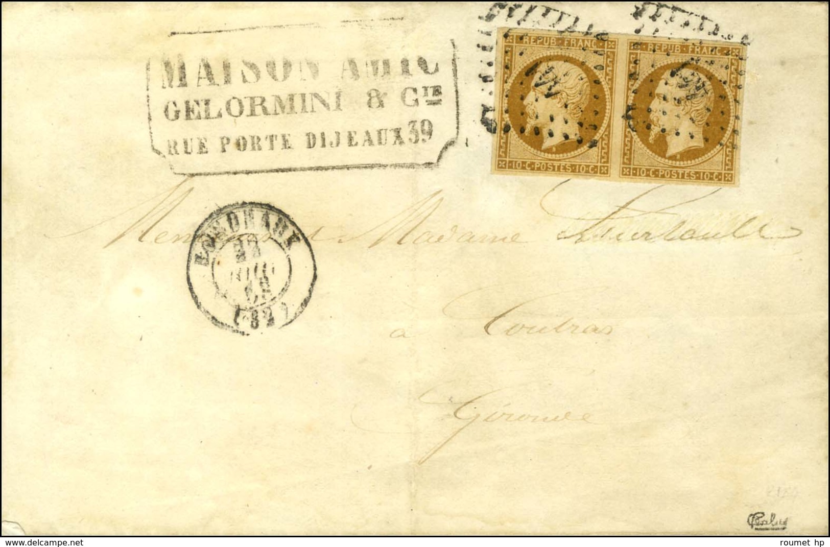 PC 441 / N° 9 Paire Càd T 15 BORDEAUX (32) Sur Imprimé De Mariage Adressé à Coutras. Au Recto, Cachet Commercial De La M - 1852 Louis-Napoleon