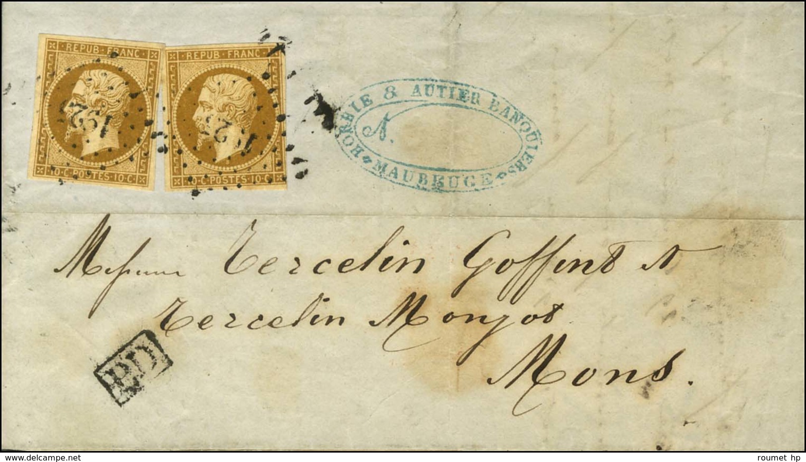 PC 1925 / N° 9 (2) Sur Lettre Avec Texte Daté De Maubeuge Adressée Au Tarif Frontalier à Mons. Au Verso, Cachet Rouge FR - 1852 Louis-Napoleon