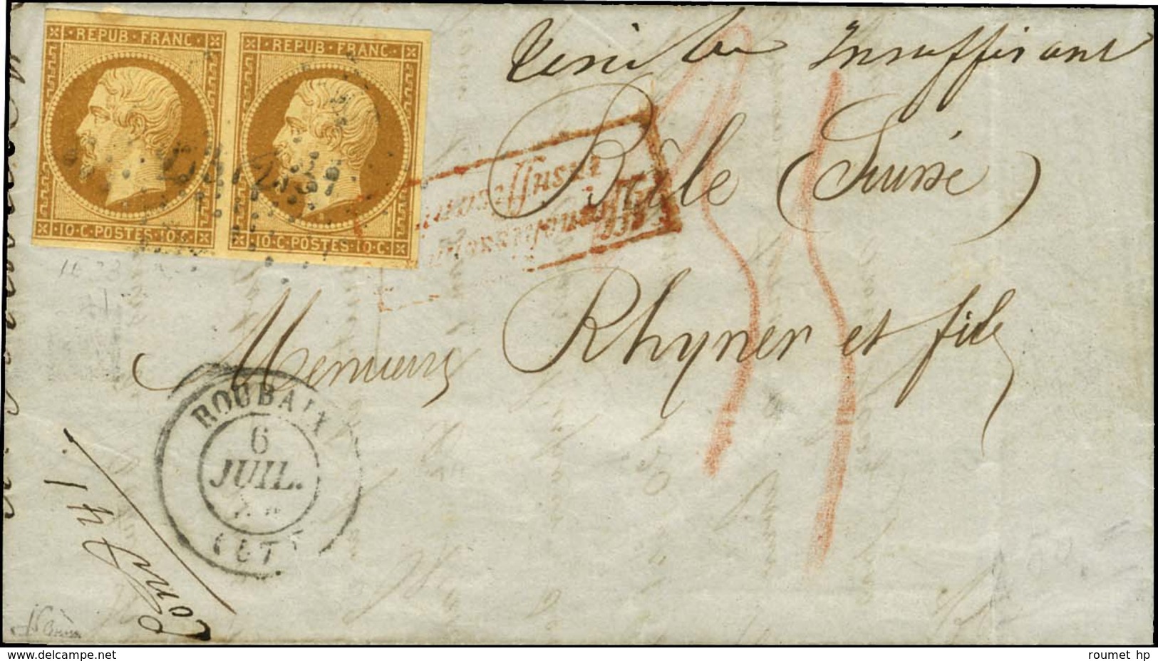 PC 2737 / N° 9 Paire (1 Ex Def) Càd T 15 ROUBAIX (57) Sur Lettre Insuffisamment Affranchie Pour Bâle. Au Recto, Griffe A - 1852 Louis-Napoléon