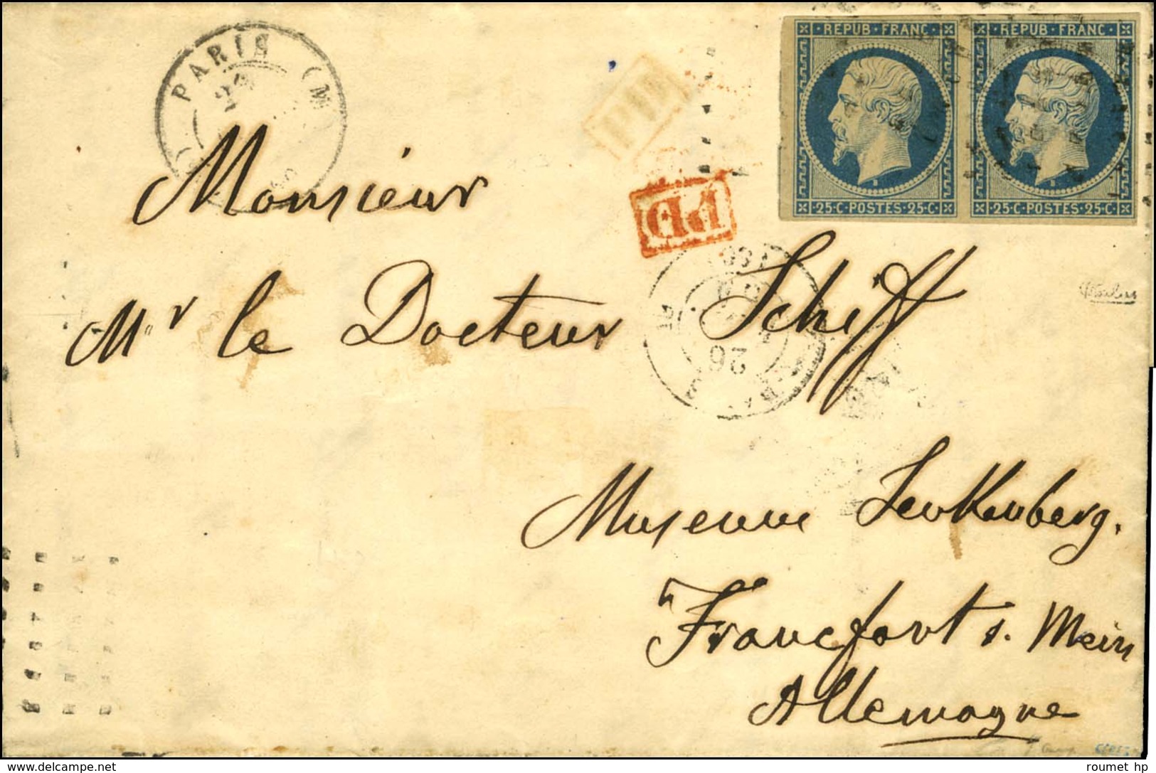 Rouleau De Gros Points / N° 10 Paire Càd (M) PARIS (M) 60 Sur Lettre Pour Francfort. 1854. - TB. - R. - 1852 Louis-Napoleon