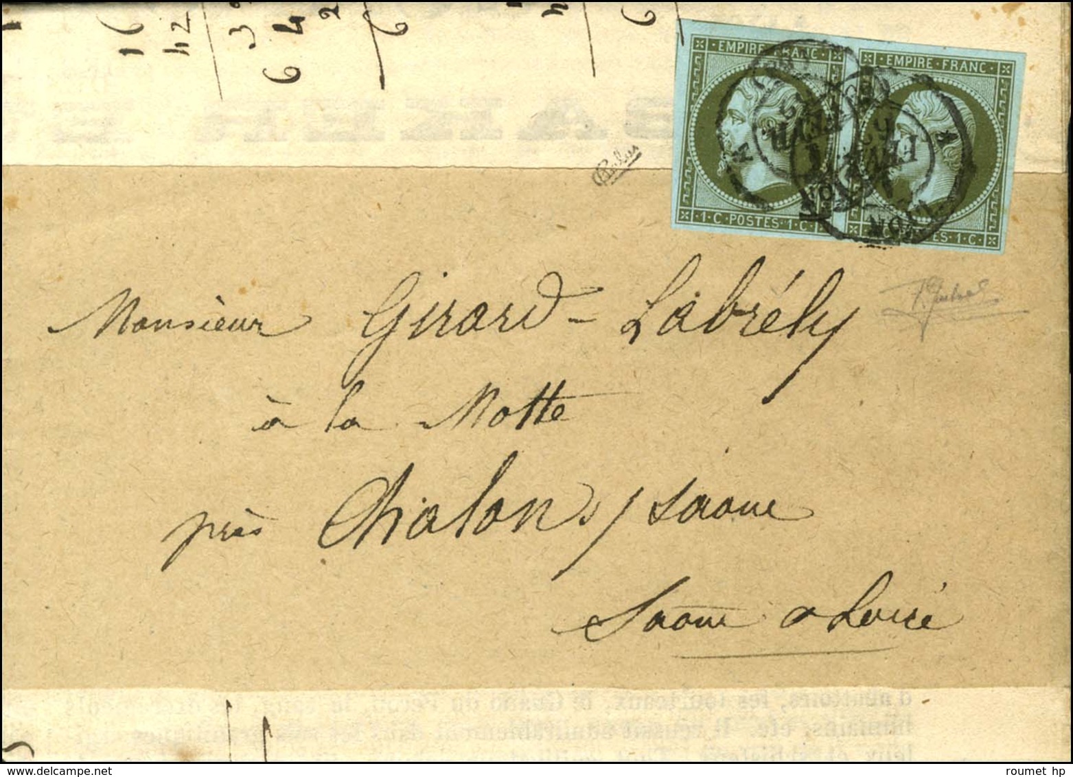 Càd LYON (68) / N° 11 Paire Sur Imprimé Complet Sous Bande Pour Châlon-sur-Saone. 1862. - TB. - 1853-1860 Napoléon III