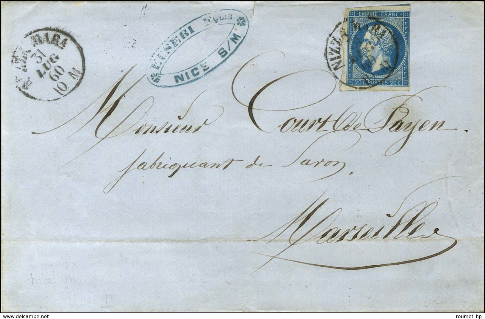 Càd NIZZA MARA / N° 14 (variété Coin Supérieur Gauche) Sur Lettre Pour Marseille. 1860. - TB / SUP. - R. - 1853-1860 Napoléon III