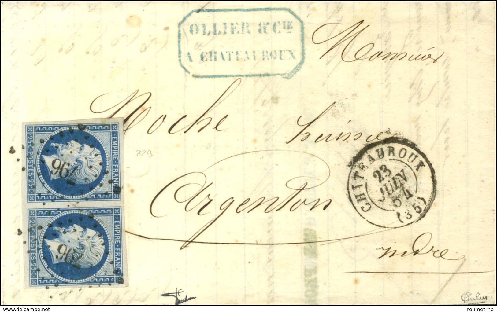 PC 796 / N° 15 Paire Très Belles Marges Càd T 15 CHATEAUROUX (35) 23 JUIN 54 Sur Lettre 2 Ports Pour Argenton. - SUP. -  - 1853-1860 Napoleon III