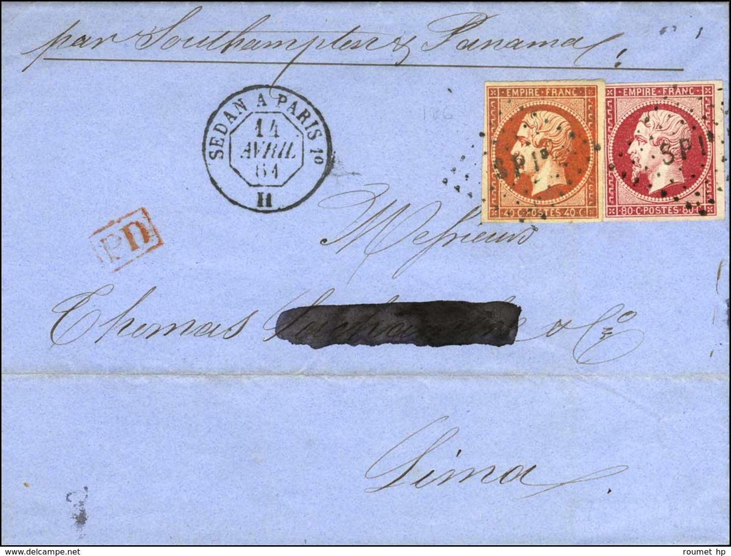 Losange SP 1e / N° 16 Nuance Ocre Exceptionnelle + N° 17 A Càd SEDAN A PARIS 1e Sur Lettre Pour Lima. 1861. - TB / SUP.  - 1853-1860 Napoléon III