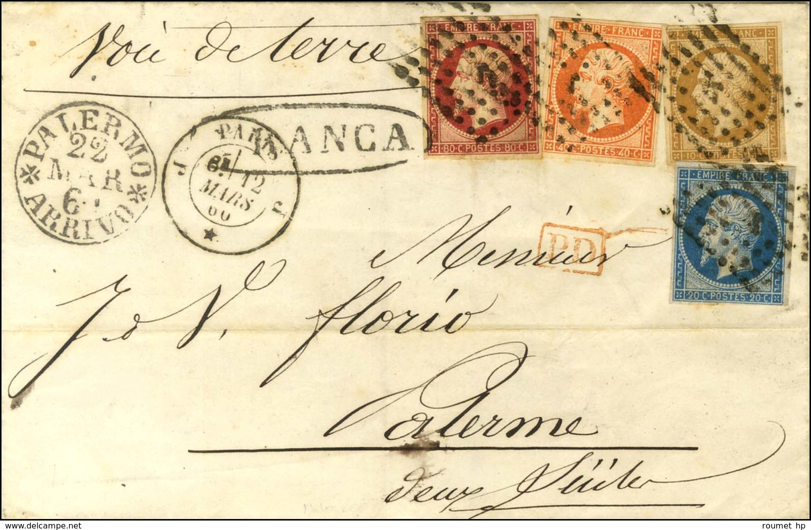 Losange J / N° 13 + 14 + 16 + 17 (infime Froissure) Càd J PARIS J Sur Lettre Adressée à Palerme. Càd D'arrivée Au Recto. - 1853-1860 Napoleon III