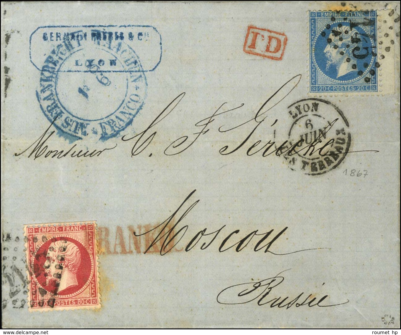 GC 2145 / N° 22 + 24 Càd LYON / LES TERREAUX Sur Lettre Pour Moscou. 1867. - TB / SUP. - 1862 Napoleon III