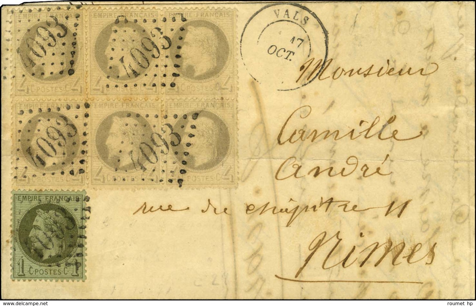 GC 4093 / N° 25 + 27 Bloc De 6 (3 Ex Infime Froissure) Càd T 17 VALS (6) Sur Lettre Pour Nimes. Bel Affranchissement. 18 - 1863-1870 Napoleon III With Laurels