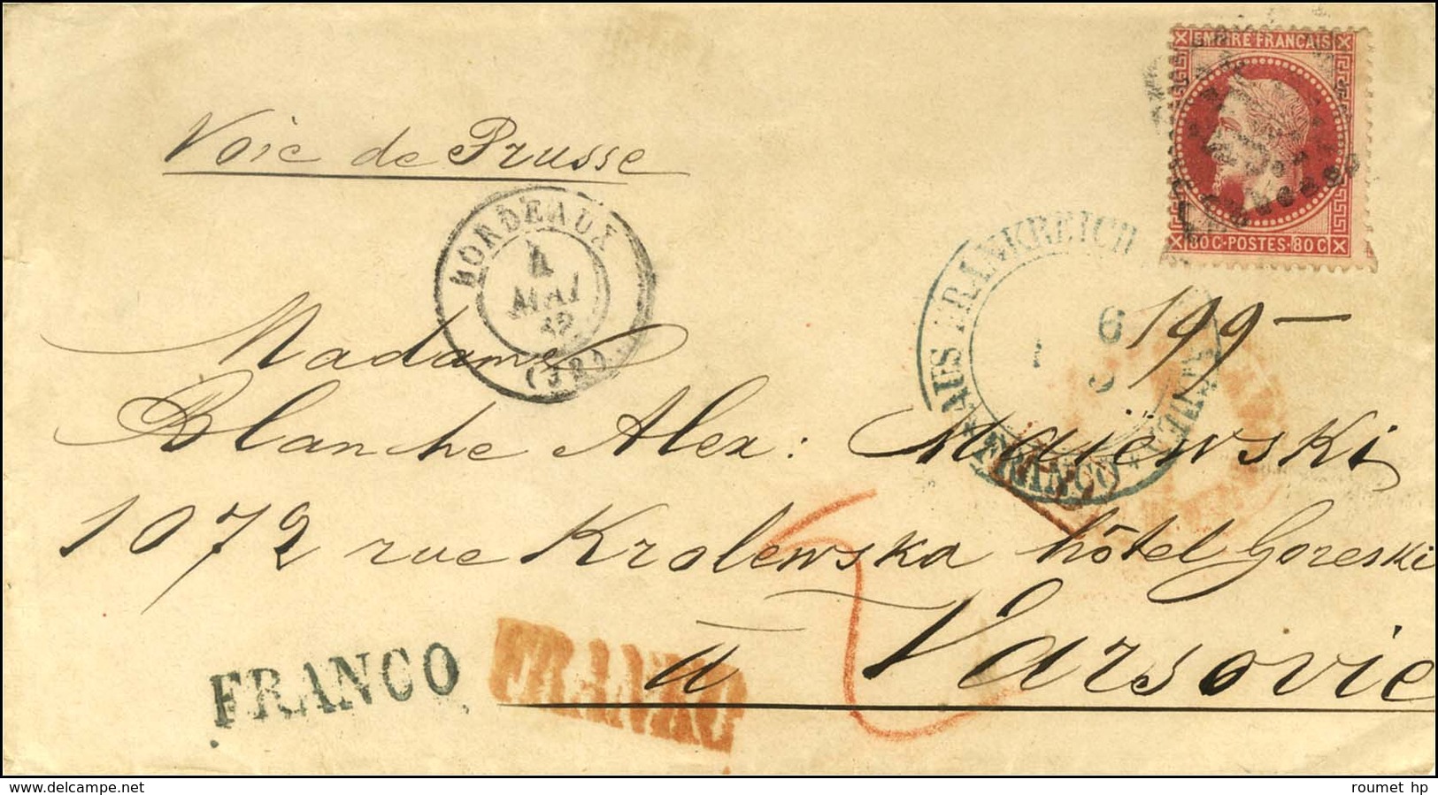 GC 532 / N° 32 Càd T 15 BORDEAUX (32) Sur Lettre Pour Varsovie. 1868. - TB. - 1863-1870 Napoleon III With Laurels