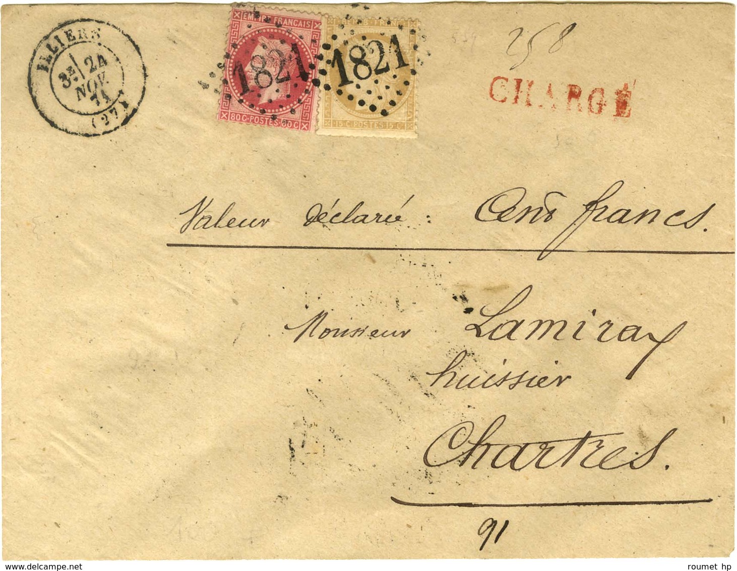 GC 1821 / N° 32 + 59 Càd T 17 ILLIERS (27) Sur Lettre Chargée, Descriptif Au Verso. 1871. - TB / SUP. - 1863-1870 Napoleon III With Laurels