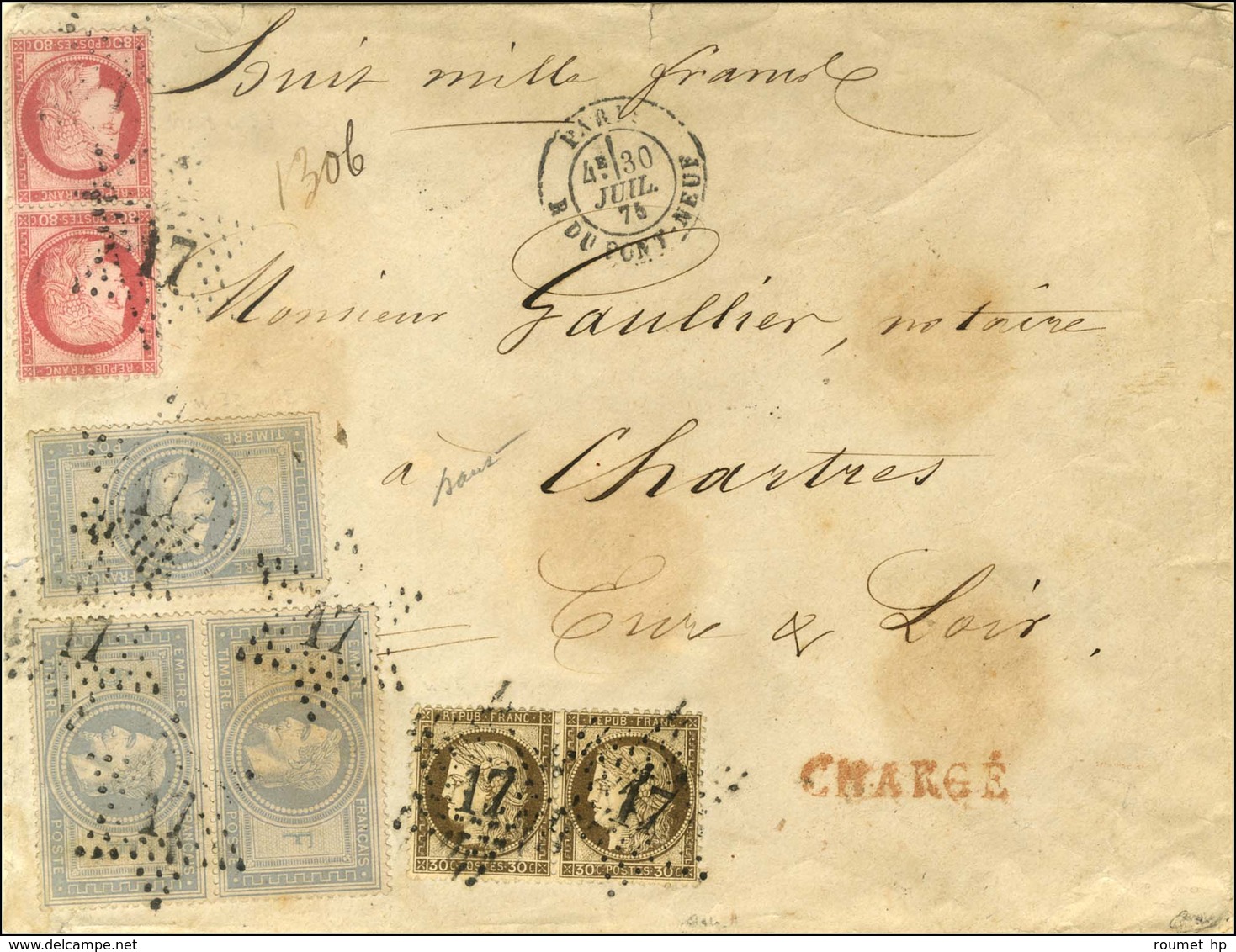 Etoile 17 / N° 33 Paire + 1 Ex + N° 56 Paire + N° 57 Paire Càd PARIS / R. DU PONT NEUF Sur Lettre Chargée. 1875. - TB /  - 1863-1870 Napoleon III With Laurels