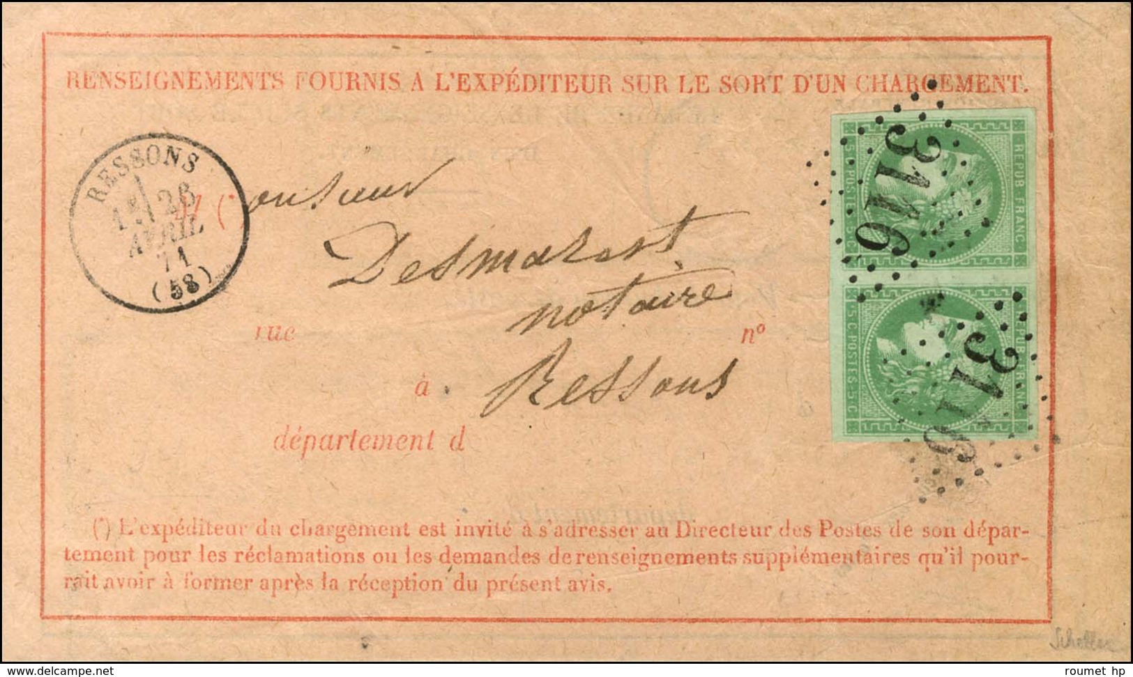 GC 3116 / N° 42 Paire Nuance émeraude (1 Ex Infime Froissure) Càd T 16 RESSONS (58) Sur Avis De Réception. 1871. - SUP.  - 1870 Bordeaux Printing