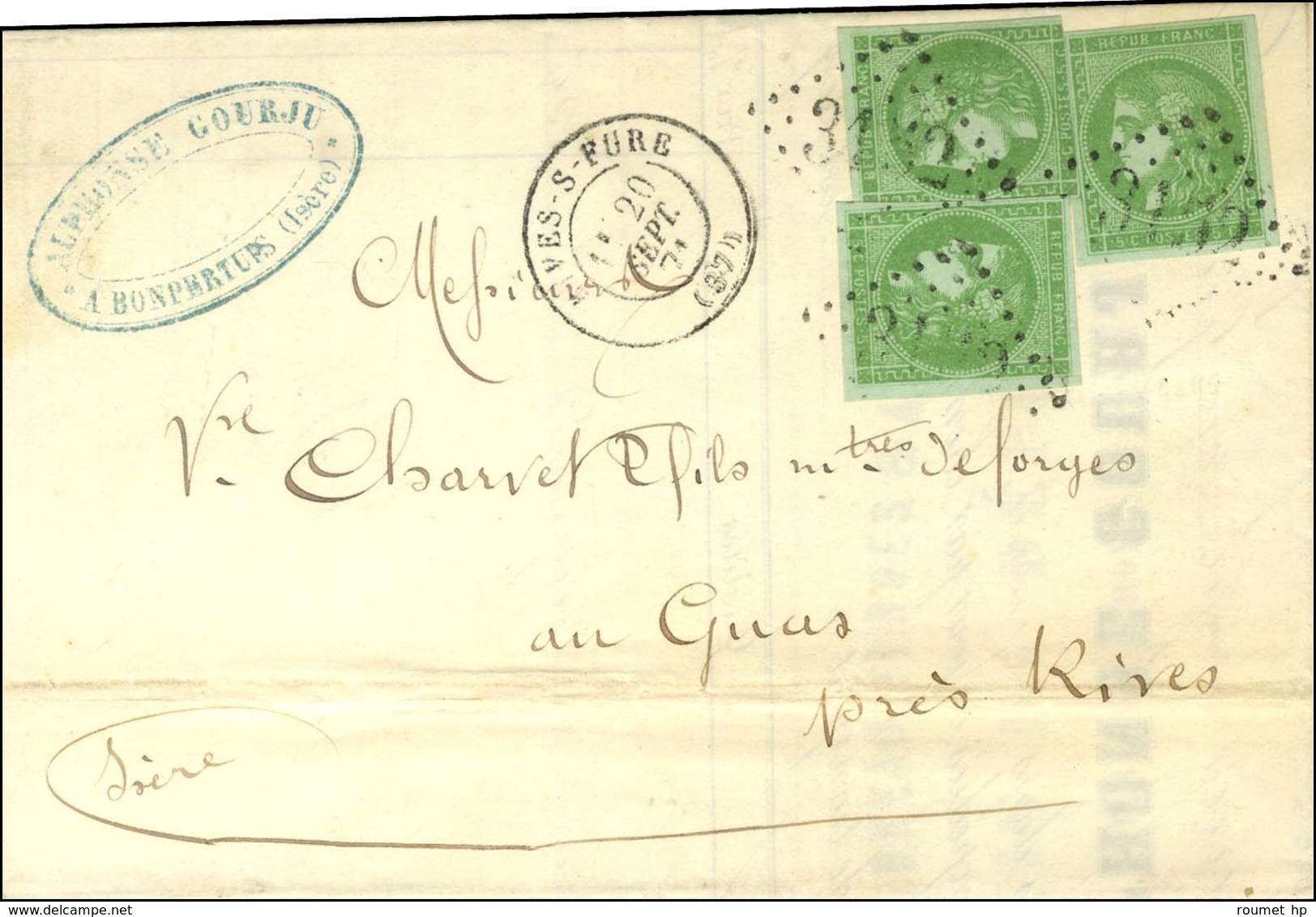 GC 3152 / N° 42 (3) (1 Ex Def) Càd T 17 RIVES-FURE (37) 20 SEPT. 71 Sur Lettre Locale. - SUP. - R. - 1870 Bordeaux Printing